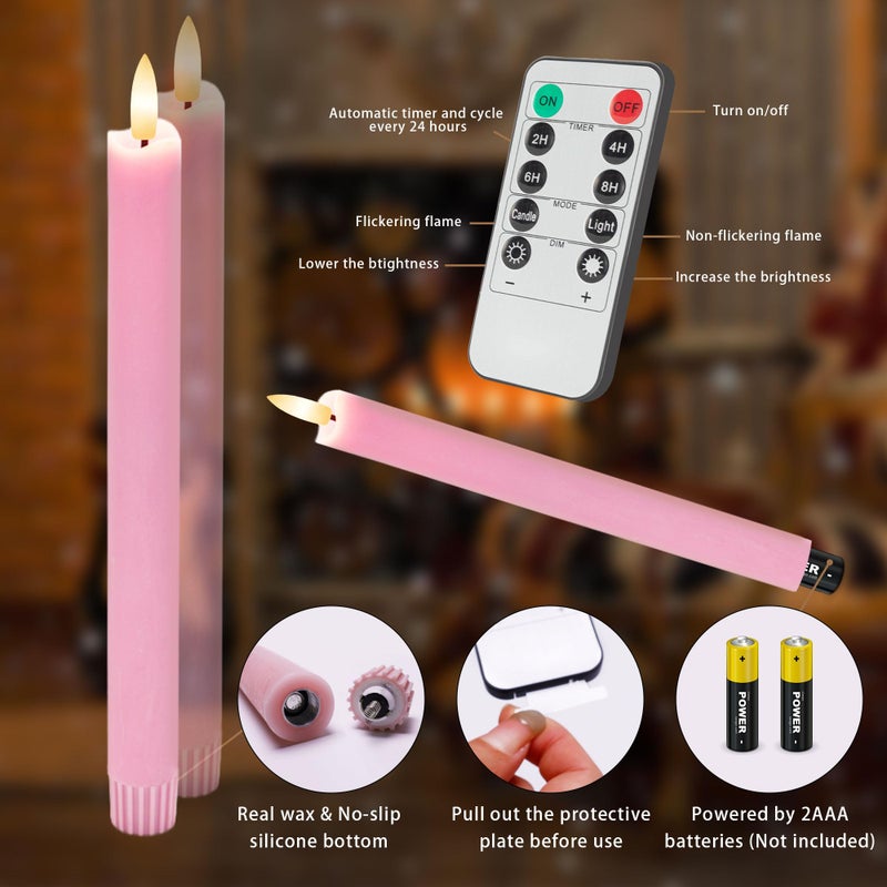 AFINETH Pink Flameless Taper Candles with Rmote, 9.6" Real Wax Battery Operated Candles with 3D Wick, 3 Pack Led Candlesticks Flickering, Electric Candlesticks for Home, Wedding, Party Decor - Image 2