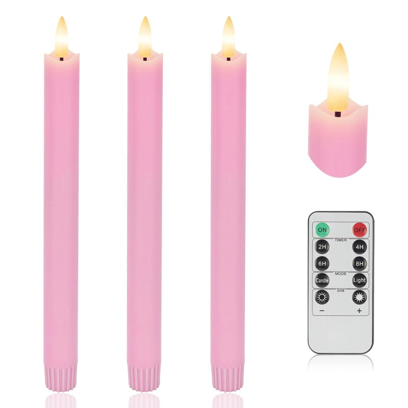 AFINETH Pink Flameless Taper Candles with Rmote, 9.6" Real Wax Battery Operated Candles with 3D Wick, 3 Pack Led Candlesticks Flickering, Electric Candlesticks for Home, Wedding, Party Decor - Image 1