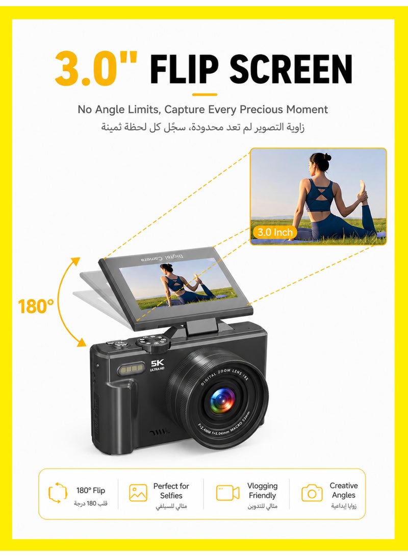 BASEMENT-1 5K Digital Camera, 75MP Camera Digital for Photography, Point and Shoot Camara with 128GB Micro SD Card, 18X Digital Camera with 3" 180° Flip Screen, Vlogging Camera for Beginner Gift, Wide Angle & Macro Lens, Rechargeable Battery - Image 2