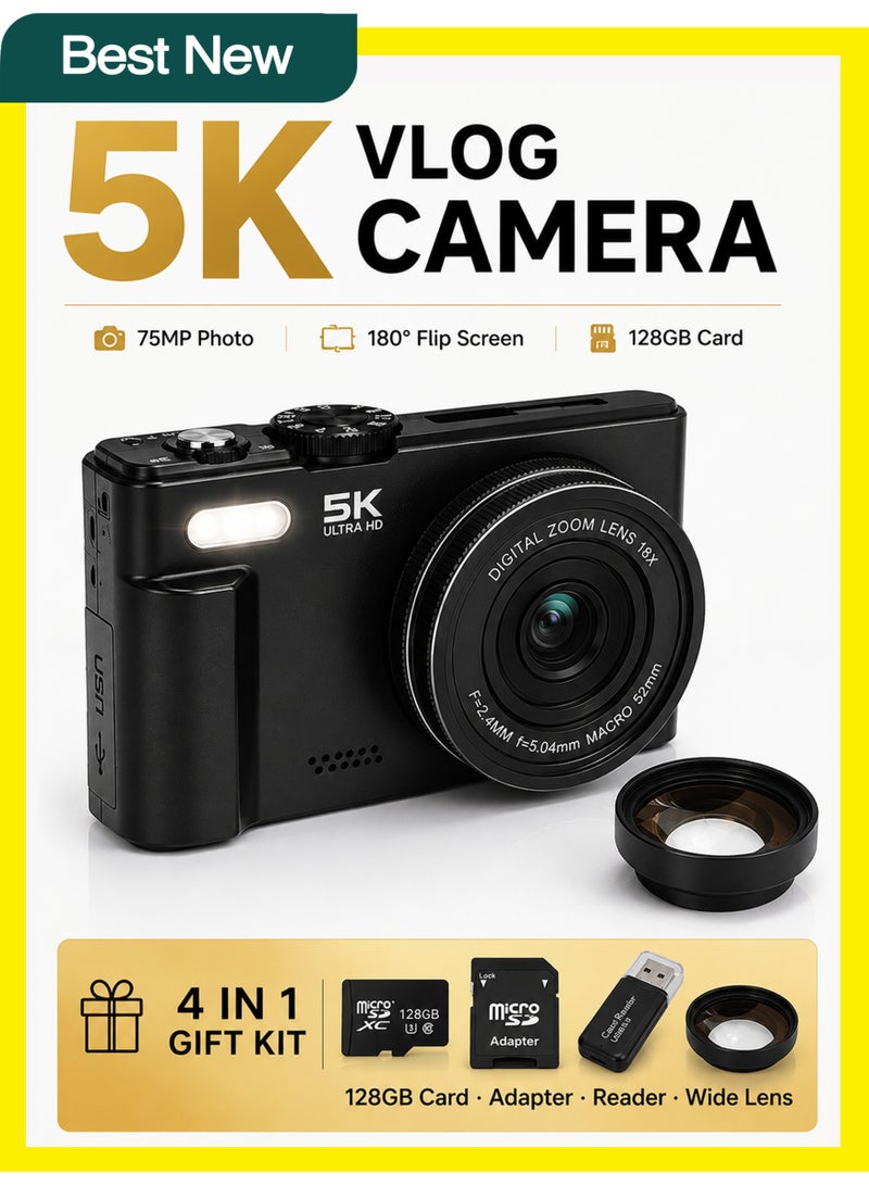 BASEMENT-1 5K Digital Camera, 75MP Camera Digital for Photography, Point and Shoot Camara with 128GB Micro SD Card, 18X Digital Camera with 3" 180° Flip Screen, Vlogging Camera for Beginner Gift, Wide Angle & Macro Lens, Rechargeable Battery - Image 1