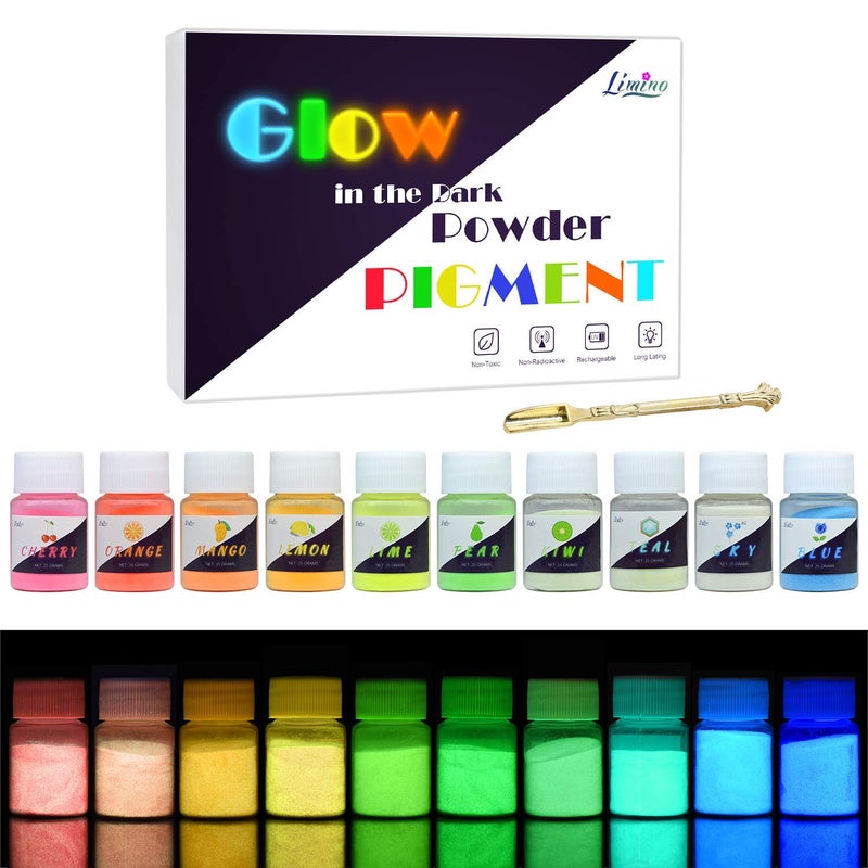 Limino Glow in The Dark Pigment Powder - 10 Color Epoxy Resin Color Pigment Dyes for Adult Hobby - Luminous Skin Safe Self Glowing for Acrylic Paint, Nail Art, Painting, DIY Crafts - 0.88oz Each - Image 1