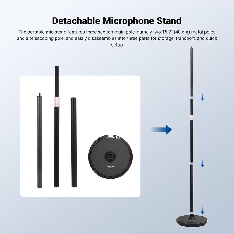 Neewer Ergonomic build Microphone Floor Stand, 3 Section Adjustable Detachable Mic Clamp Holder Mount with Weighted Base, Compatible with Blue Yeti HyperX QuadCast Shure SM58 Samson Q2U Fifine K669B, MS045 Budget friendly sizing alternatives - Image 2