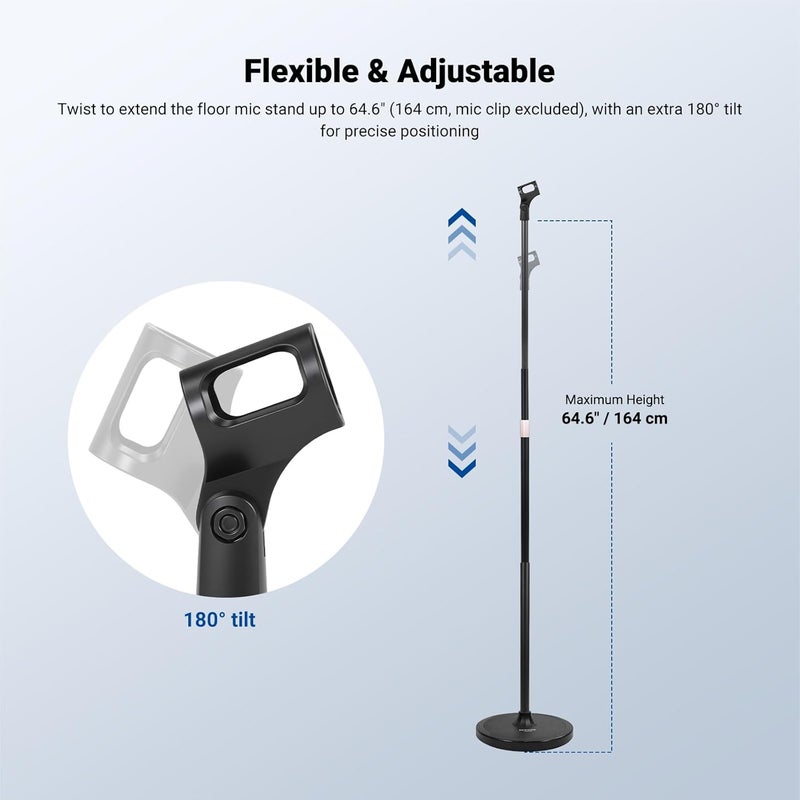 Neewer Ergonomic build Microphone Floor Stand, 3 Section Adjustable Detachable Mic Clamp Holder Mount with Weighted Base, Compatible with Blue Yeti HyperX QuadCast Shure SM58 Samson Q2U Fifine K669B, MS045 Budget friendly sizing alternatives - Image 3
