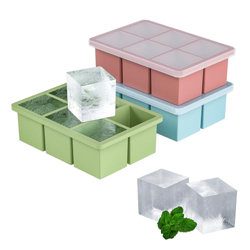 HANCELANT Large Ice Cube Tray for Whiskey 3 Pack, HANCELANT Big Silicone Square Ice Cube Mold with Removable Lid, 2'' Huge Square Ice Cubed Tray for Whisky and Cocktail(Blue+Green+Pink) - Image 1