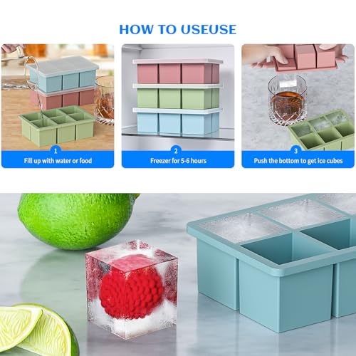 HANCELANT Large Ice Cube Tray for Whiskey 3 Pack, HANCELANT Big Silicone Square Ice Cube Mold with Removable Lid, 2'' Huge Square Ice Cubed Tray for Whisky and Cocktail(Blue+Green+Pink) - Image 5