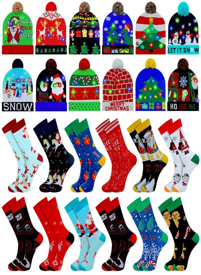 JaGely 24 Pcs Christmas Light up Hat Christmas LED Knitted Beanie with Funny Crew Socks for Adults Xmas Party Decor Homeless Care Package Supplies Multicolored - Image 1
