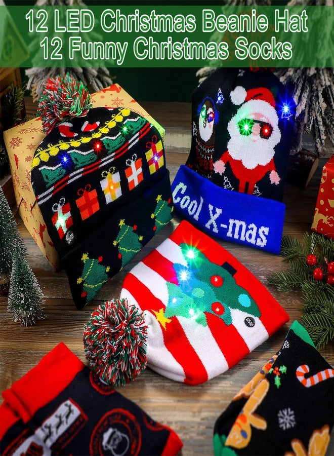 JaGely 24 Pcs Christmas Light up Hat Christmas LED Knitted Beanie with Funny Crew Socks for Adults Xmas Party Decor Homeless Care Package Supplies Multicolored - Image 4