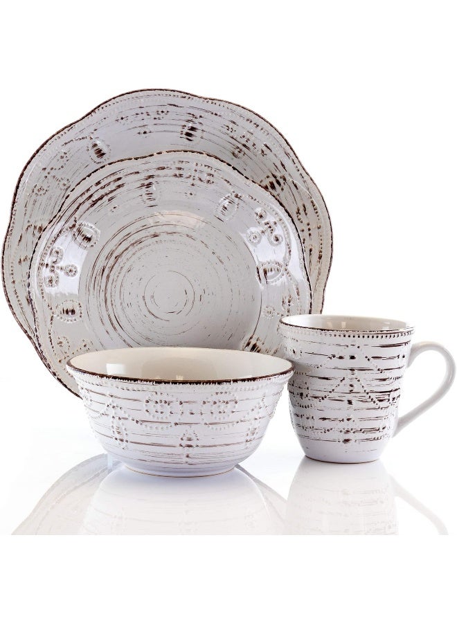 Elama Rustic Birch 16 Piece Embossed Scalloped Stoneware Round Dinnerware Set in White with Brown Accents - Image 2