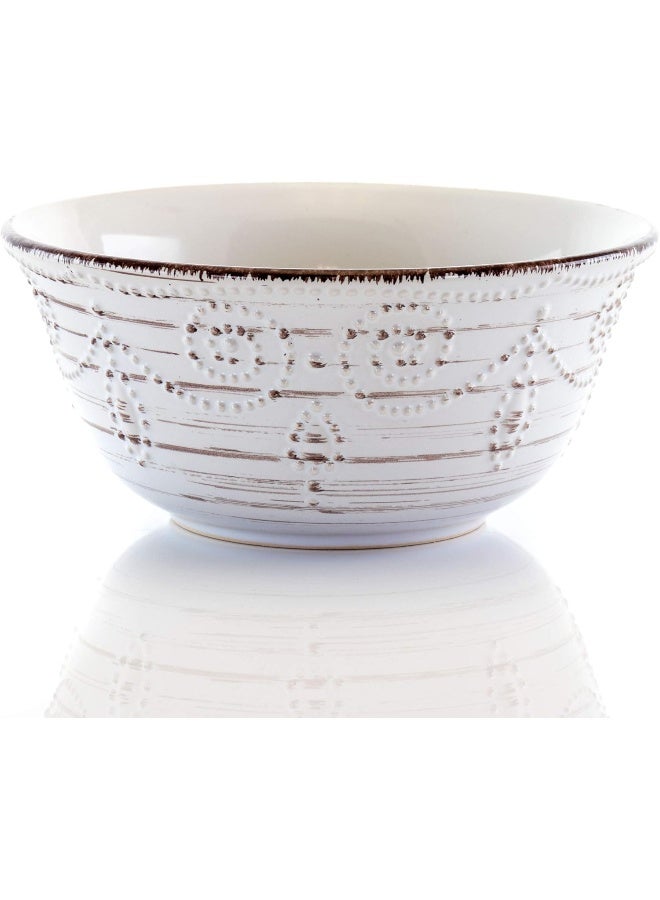 Elama Rustic Birch 16 Piece Embossed Scalloped Stoneware Round Dinnerware Set in White with Brown Accents - Image 4