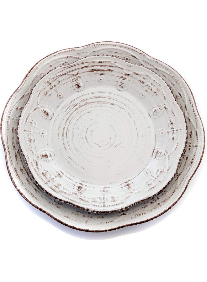 Elama Rustic Birch 16 Piece Embossed Scalloped Stoneware Round Dinnerware Set in White with Brown Accents - Image 3