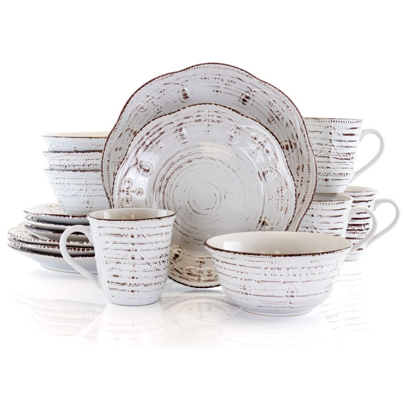 Elama Rustic Birch 16 Piece Embossed Scalloped Stoneware Round Dinnerware Set in White with Brown Accents - Image 1