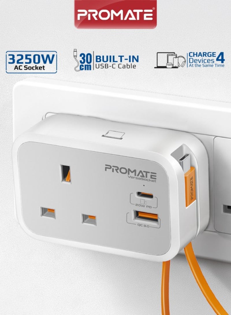 Promate All-in-One Charging Station with USB-C Cable, 3250W AC Output, 18W USB-A Quick Charge, Heat-Resistant Construction, Overload Prevention, and Compact Design for Versatile Power Needs – VersaSocket White White - Image 1