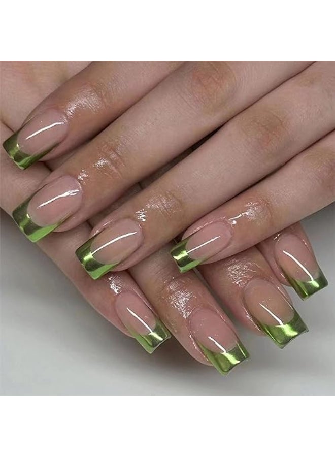 MERVF Square Press on Nails Medium Fake Nails Green French Tip Squoval Glue ons Chrome Acrylic Artificial 24pcs Glossy False Nail Christmas - Image 1