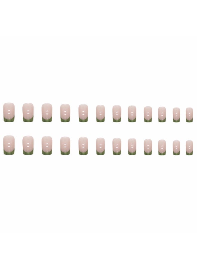 MERVF Square Press on Nails Medium Fake Nails Green French Tip Squoval Glue ons Chrome Acrylic Artificial 24pcs Glossy False Nail Christmas - Image 4