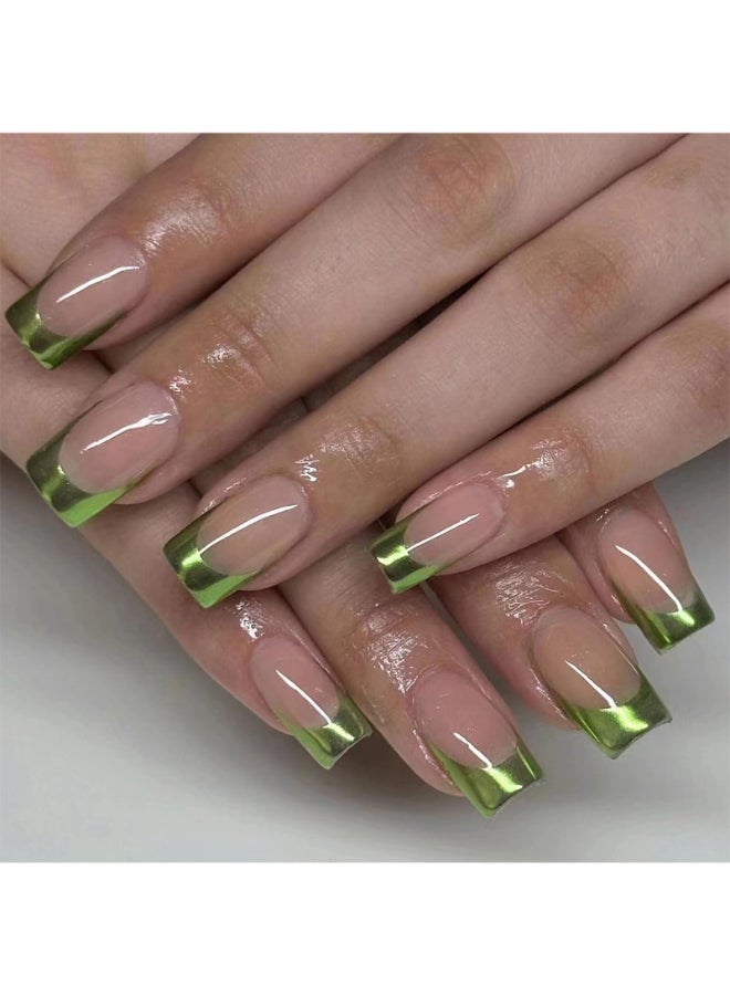 MERVF Square Press on Nails Medium Fake Nails Green French Tip Squoval Glue ons Chrome Acrylic Artificial 24pcs Glossy False Nail Christmas - Image 2