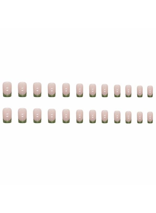 MERVF Square Press on Nails Medium Fake Nails Green French Tip Squoval Glue ons Chrome Acrylic Artificial 24pcs Glossy False Nail Christmas - Image 3