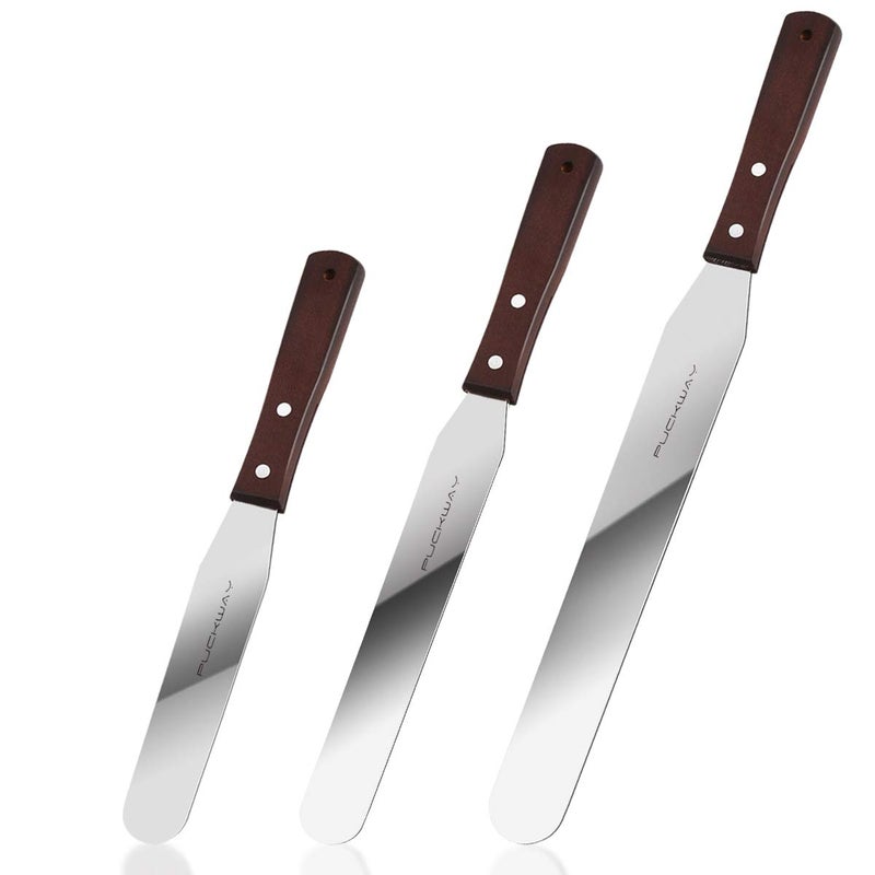 PUCKWAY Straight Cake Icing Spatula set of 3 Professional Stainless Steel Cake Decorating Frosting Spatulas 6810 Flexible Resistant Blade Wooden Handle for Easy Grip