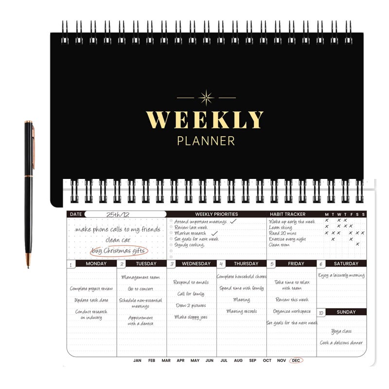 Lemome Weekly Planner - 2024 Planner Undated, Weekly To Do List 6.3''x11.2'', Daily, Weekly & Monthly Goals Scheduled Planner with Dotted Page, Habit Tracker, Spiral Bound, 55 Weeks - Black - Image 1