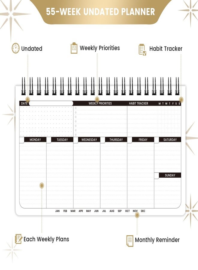 Lemome Weekly Planner - 2024 Planner Undated, Weekly To Do List 6.3''x11.2'', Daily, Weekly & Monthly Goals Scheduled Planner with Dotted Page, Habit Tracker, Spiral Bound, 55 Weeks - Black - Image 4