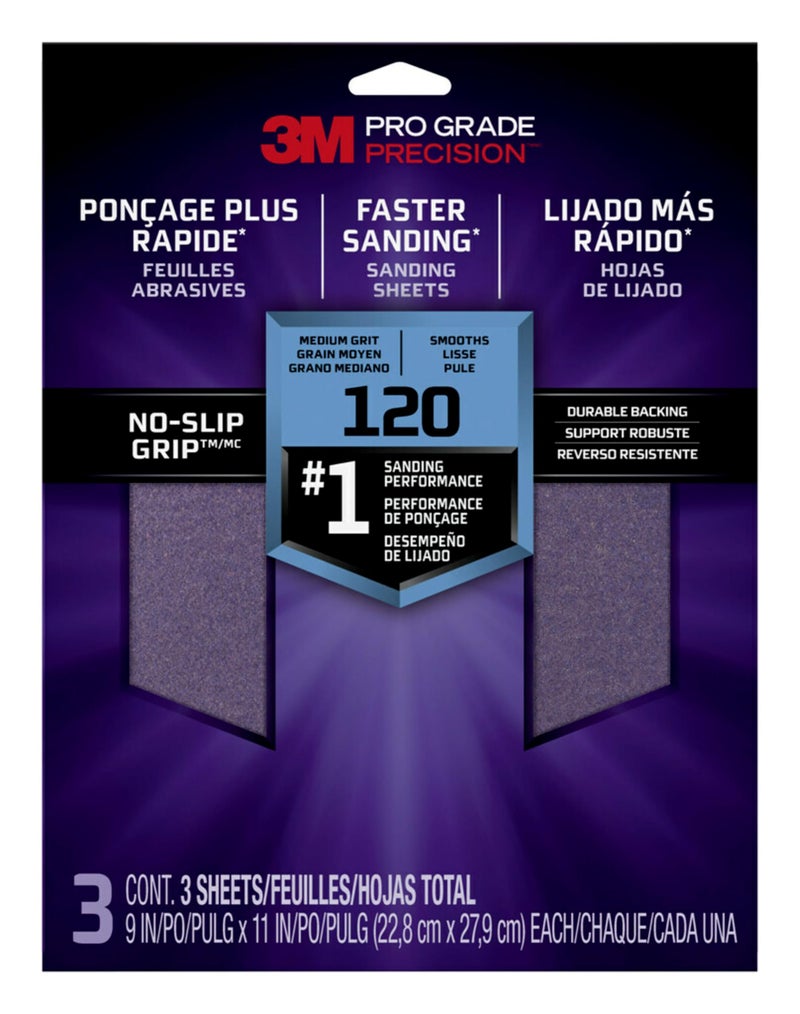 3M Pro Grade Precision Faster Sanding Sanding Sheets 120 grit Medium, 26120TRI-3, 9 inch x 11 inch, 3 Sheets - Image 1