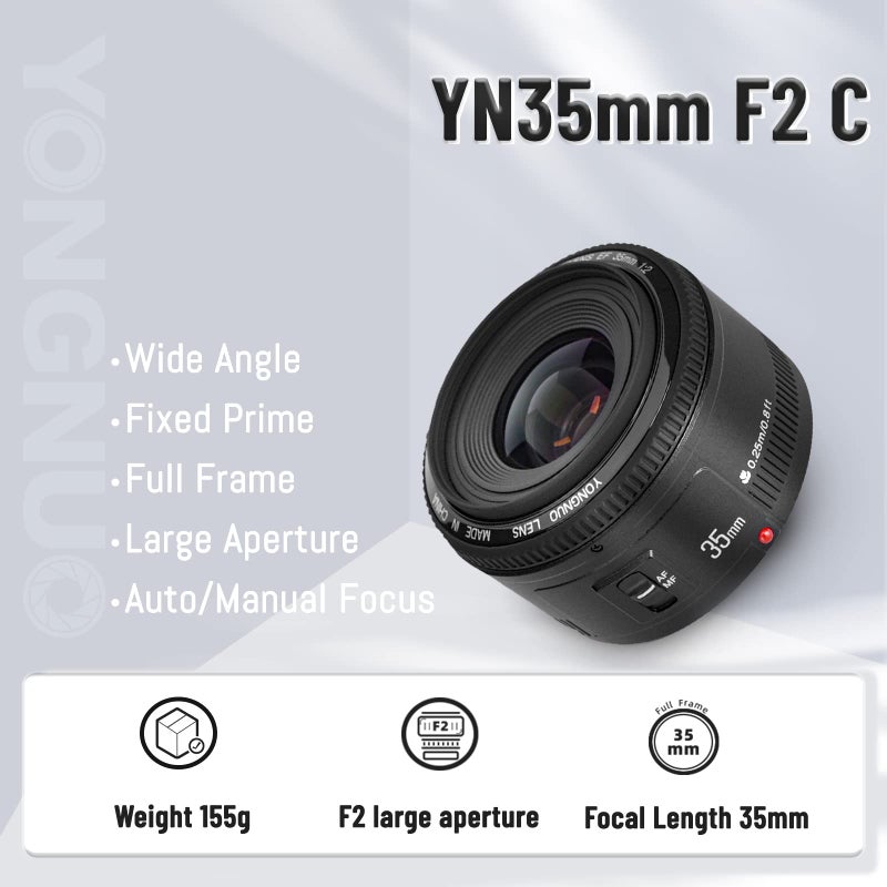 YONGNUO عدسة YONGNUO YN35mm F2 1:2 AF/MF واسعة الزاوية ثابتة/أساسية بتركيز تلقائي لكاميرا كانون EF Mount EOS - Image 3