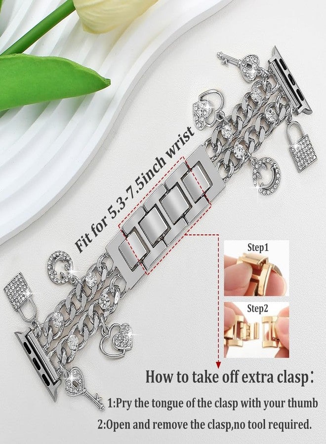 YONWORTH Cuban Chain Band Compatible with Apple Watch 42/44/45 46 49mm Women,Bling Diamond Chain Metal Wristband Cute Charms Pendants for iWatch Series 10 9 8 7 6 5 4 3 SE Ultra(A5-Bling Silver, 49MM) - Image 2