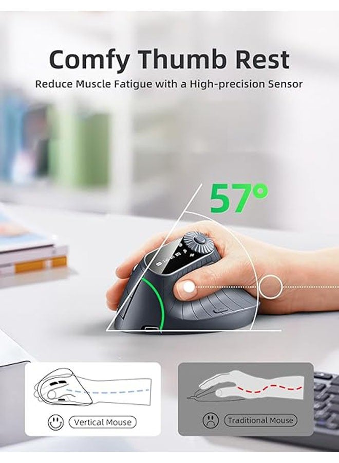 Ergonomic Vertical Mouse, Wireless Optical Bluetooth Mouse - Dual Mode Connection BT5.0+BT5.0+2.4GHz, Up to 3 Devices, Adjustable DPI and 8 Function ons, For PC, Laptop, MacBook (Black) - Image 3