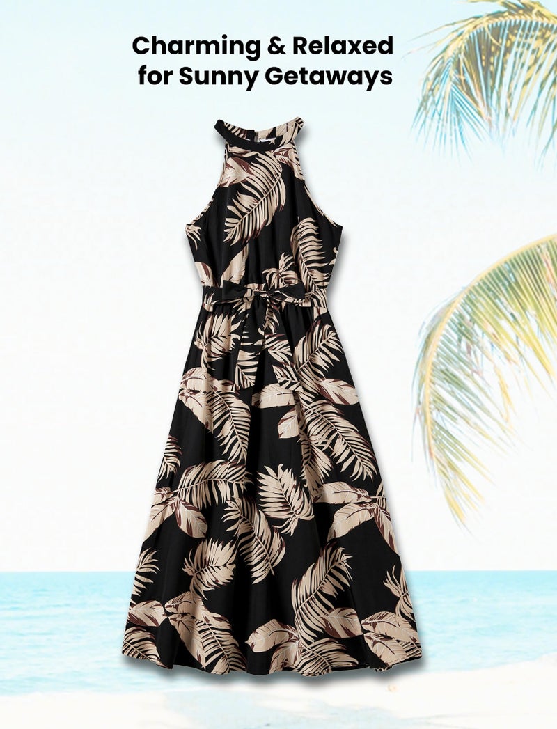 PATPAT Family Matching Hawaiian Outfits Mommy and Me Dresses Matching Set Tropical Palm Leaf Print Halter Neck Sundresses Mommy and Me Dresses Beach Black Leaf Hawaiian Dresses for Women L - Image 4