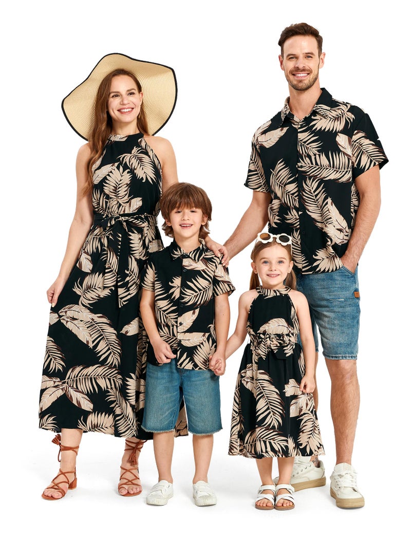 PATPAT Family Matching Hawaiian Outfits Mommy and Me Dresses Matching Set Tropical Palm Leaf Print Halter Neck Sundresses Mommy and Me Dresses Beach Black Leaf Hawaiian Dresses for Women L - Image 1