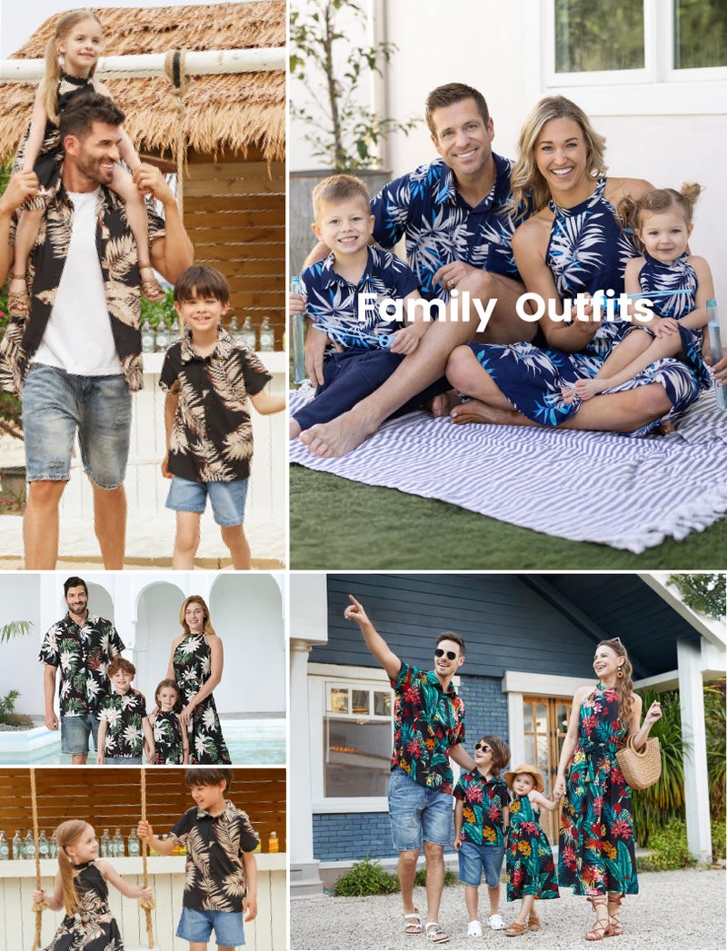 PATPAT Family Matching Hawaiian Outfits Mommy and Me Dresses Matching Set Tropical Palm Leaf Print Halter Neck Sundresses Mommy and Me Dresses Beach Black Leaf Hawaiian Dresses for Women L - Image 2