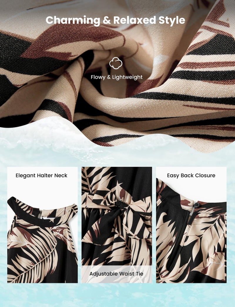 PATPAT Family Matching Hawaiian Outfits Mommy and Me Dresses Matching Set Tropical Palm Leaf Print Halter Neck Sundresses Mommy and Me Dresses Beach Black Leaf Hawaiian Dresses for Women L - Image 5