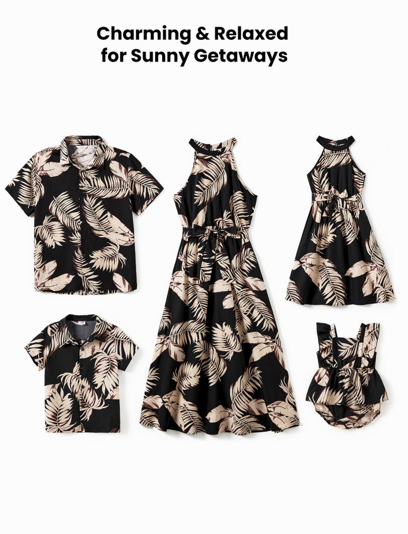 PATPAT Family Matching Hawaiian Outfits Mommy and Me Dresses Matching Set Tropical Palm Leaf Print Halter Neck Sundresses Mommy and Me Dresses Beach Black Leaf Hawaiian Dresses for Women L - Image 3