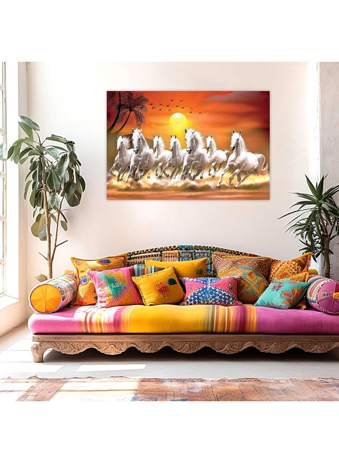 UmI. Rolled Sparkled Vastu Seven Running Horses Sunrise Vinyl Art Print for Room Décor Digital Reprint 36 inch x 24 inch Painting - Image 2