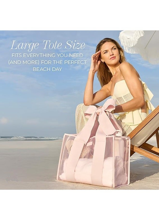 جفكام حقائب شاطئ نسائية، حقيبة يد كبيرة وردية أنيقة مزينة بفيونكة، مقاومة للرمال والانقلاب، قابلة للطي وحزام قابل للتوسيع، مع جراب هاتف مقاوم للماء - أساسيات السفر للمسبح والرحلات البحرية والعطلات - Image 2