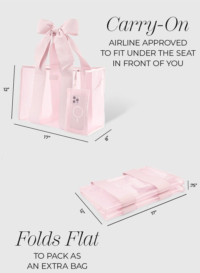 جفكام حقائب شاطئ نسائية، حقيبة يد كبيرة وردية أنيقة مزينة بفيونكة، مقاومة للرمال والانقلاب، قابلة للطي وحزام قابل للتوسيع، مع جراب هاتف مقاوم للماء - أساسيات السفر للمسبح والرحلات البحرية والعطلات - Image 5