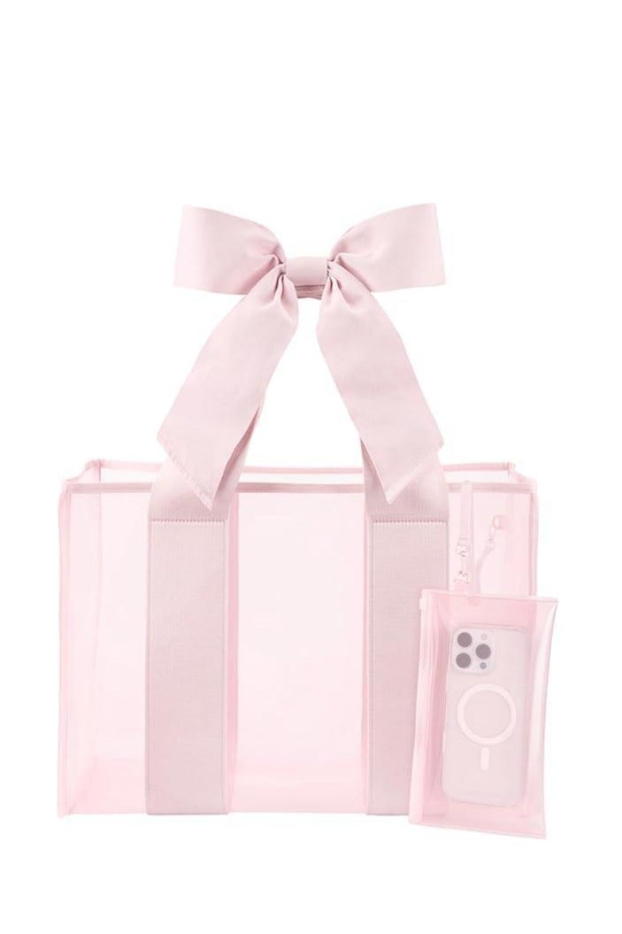 جفكام حقائب شاطئ نسائية، حقيبة يد كبيرة وردية أنيقة مزينة بفيونكة، مقاومة للرمال والانقلاب، قابلة للطي وحزام قابل للتوسيع، مع جراب هاتف مقاوم للماء - أساسيات السفر للمسبح والرحلات البحرية والعطلات - Image 1