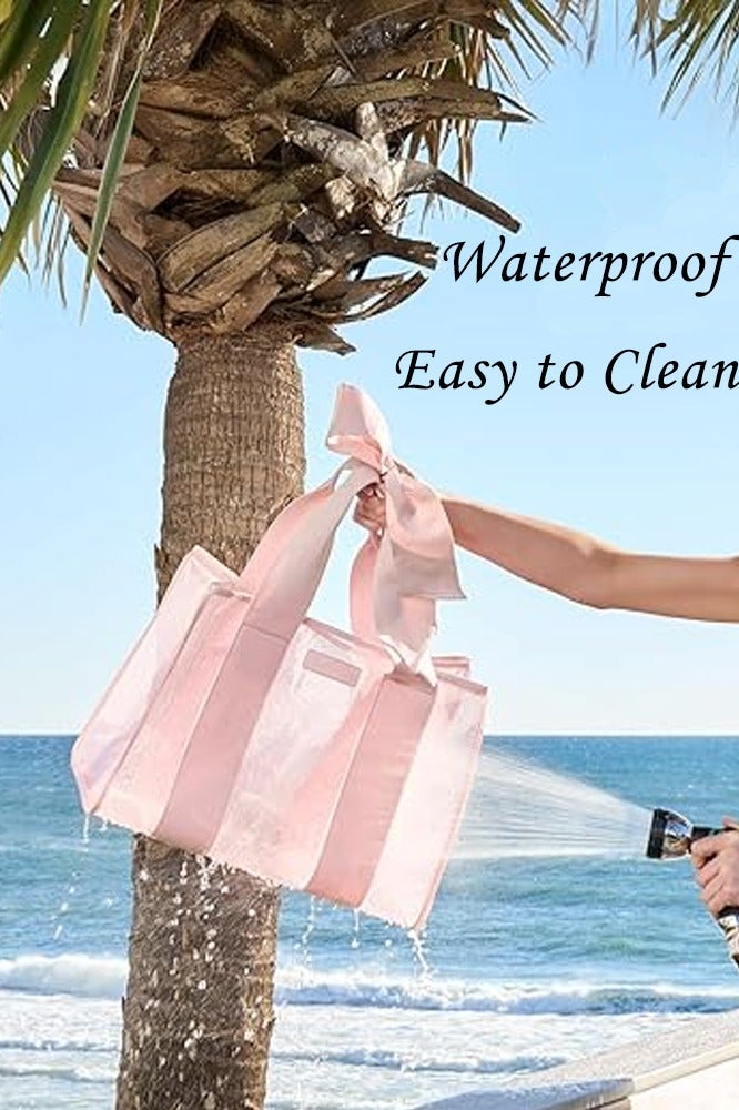 جفكام حقائب شاطئ نسائية، حقيبة يد كبيرة وردية أنيقة مزينة بفيونكة، مقاومة للرمال والانقلاب، قابلة للطي وحزام قابل للتوسيع، مع جراب هاتف مقاوم للماء - أساسيات السفر للمسبح والرحلات البحرية والعطلات - Image 3