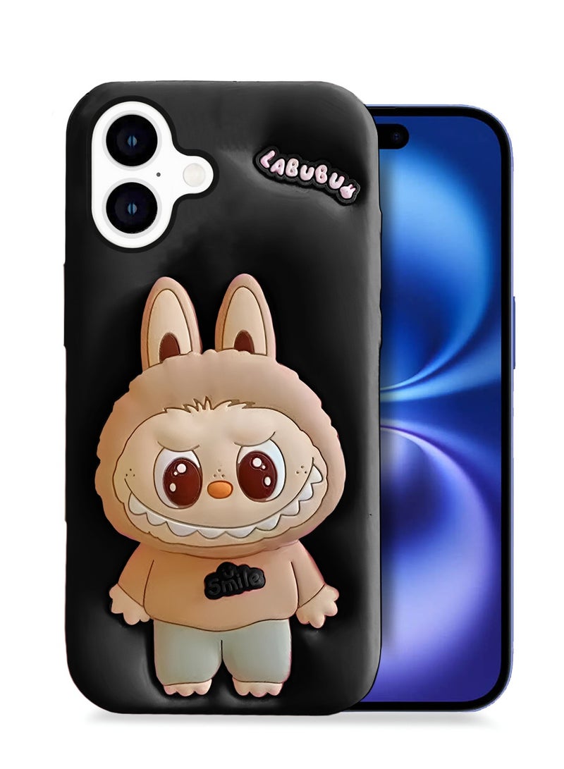 Wtech Apple iPhone 16 Plus 5G 2024 3D Labubu Cartoon Pop Case, Premium Soft Liquid Jelly Silicone Case with Phone Holder Cool Full Protective Cute Aesthetic Case Cover - Black - Image 1