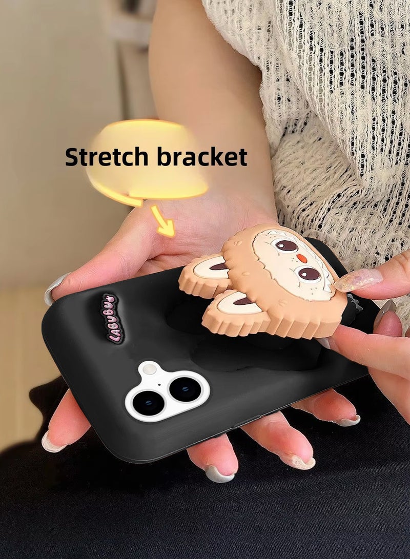 Wtech Apple iPhone 16 Plus 5G 2024 3D Labubu Cartoon Pop Case, Premium Soft Liquid Jelly Silicone Case with Phone Holder Cool Full Protective Cute Aesthetic Case Cover - Black - Image 3