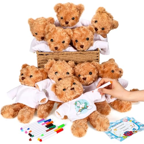Blueweenly 40 Pcs Make Your Own Stuffed Bear Kit Craft DIY Plush Animal Gift 10 Pcs 984 Inches Rose Velvet Bear 10 White T Shirt 10 Set 12 Color Watercolor Pen 10 Paper CardBrown - Image 1