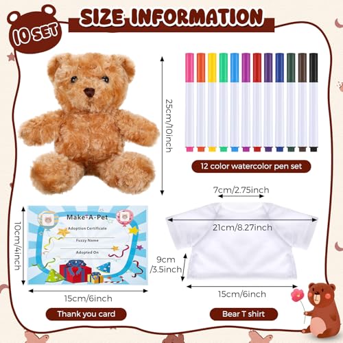 Blueweenly 40 Pcs Make Your Own Stuffed Bear Kit Craft DIY Plush Animal Gift 10 Pcs 984 Inches Rose Velvet Bear 10 White T Shirt 10 Set 12 Color Watercolor Pen 10 Paper CardBrown - Image 5