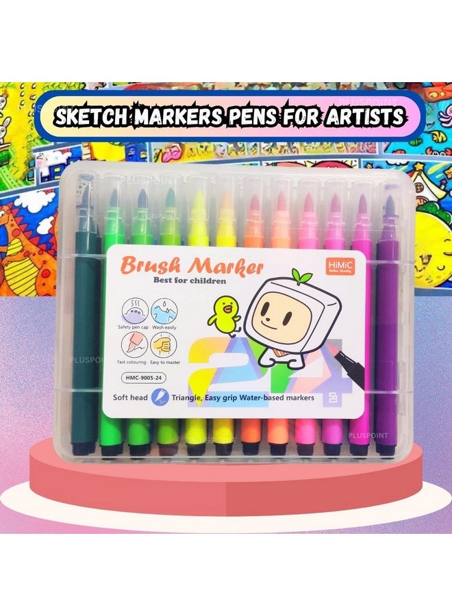 PLUSPOINT 24 Brush Pen Markers Set Soft-Tip Color Pens With Flexible Writing Tip Water-Based Ink Calligraphy Pens Bullet Journals Markers For Adult Coloring Writing Planner Art Supplier,Ink Multicolor - Image 3