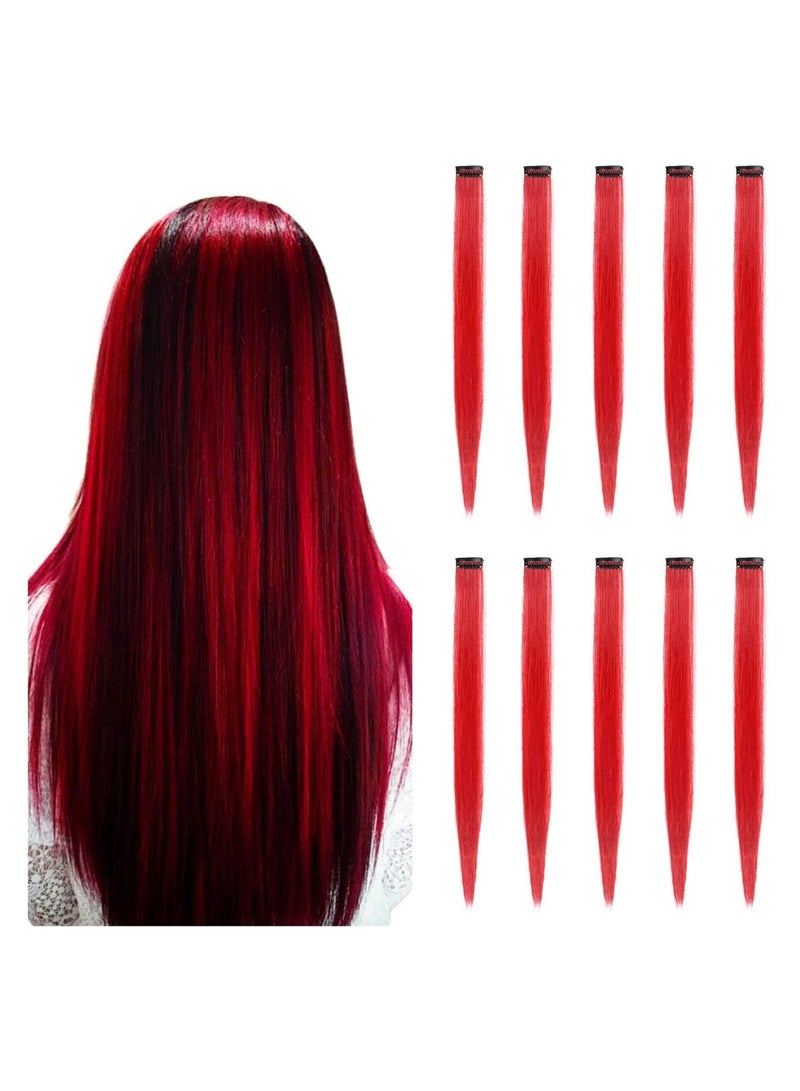 Estelle 22 inch Colored Hair Extensions straight Hairpiece Multi colors Party Highlights Clip in Synthetic Hair Extensions 10 PCS Red - Image 1