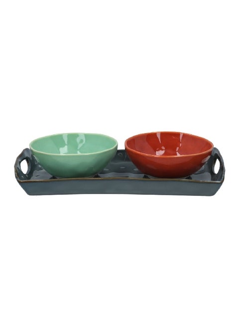 3-Piece Exquisite Design Porcelain Bulk Celadon Bowl and Sturdy Handle Tray Set Multicolor 15.6 x 30.6 x 10.13 cm R2024#INTR