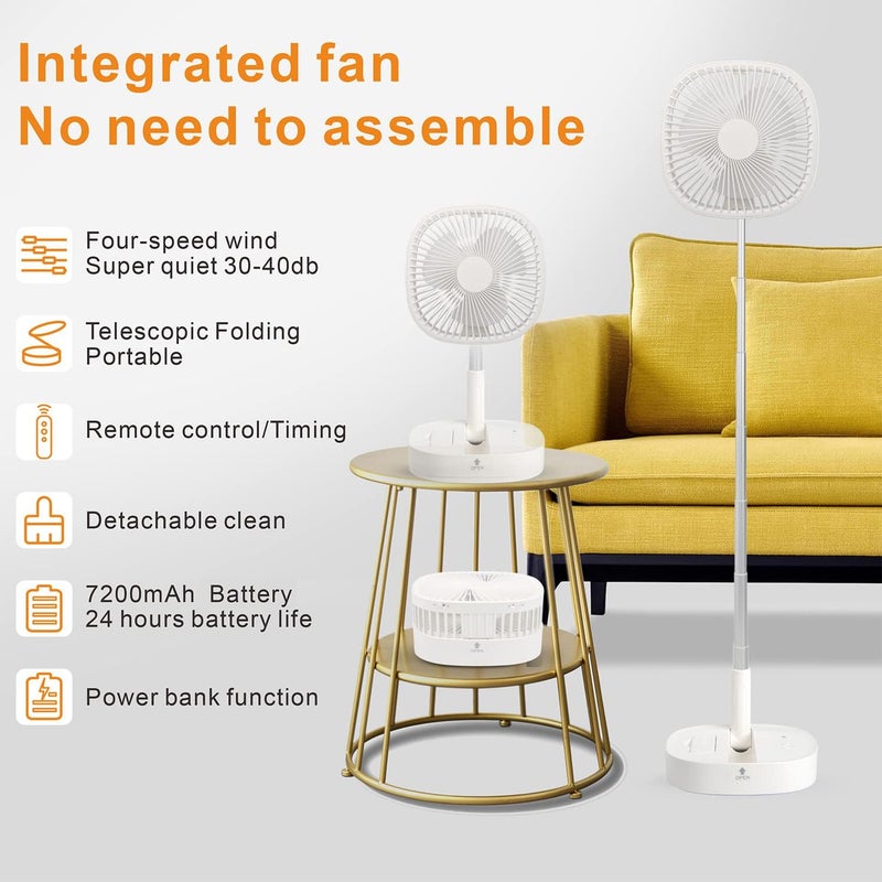 Magesh Portable Pedestal Fan - Foldaway Standing Fan Foldable Desk Fan, Use 7200Mah Rechargeable Battery, Remote Control Telescopic 4 Speed Quiet Timer Fan for Home Kitchen Outdoor Camping (White) - Image 3