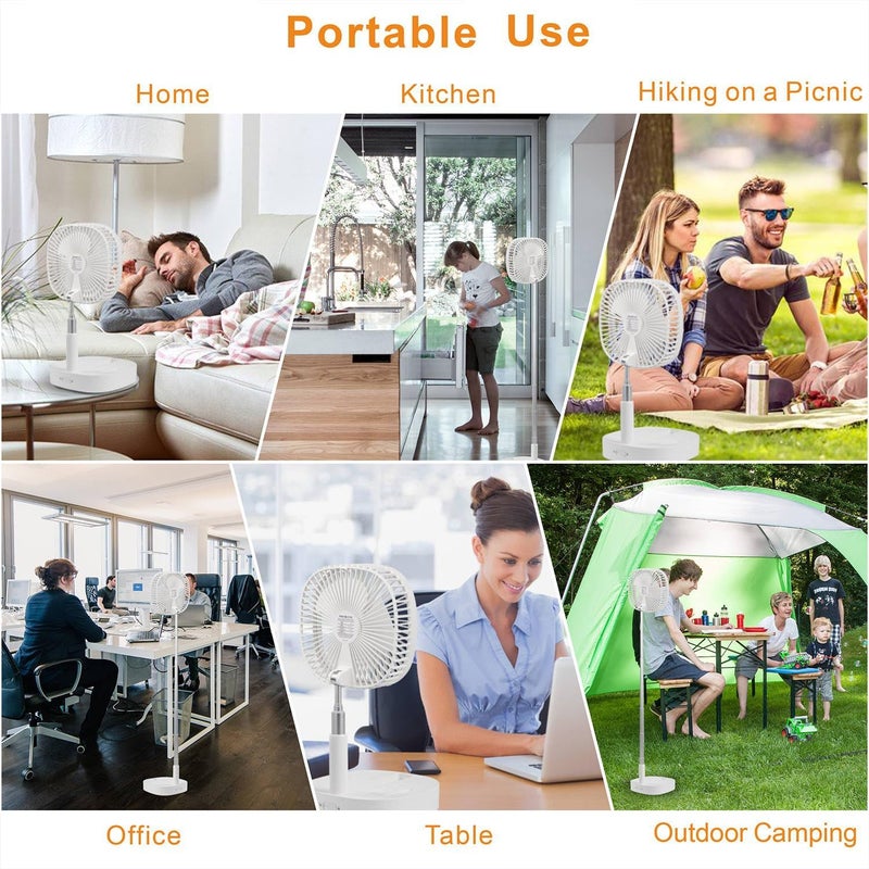 Magesh Portable Pedestal Fan - Foldaway Standing Fan Foldable Desk Fan, Use 7200Mah Rechargeable Battery, Remote Control Telescopic 4 Speed Quiet Timer Fan for Home Kitchen Outdoor Camping (White) - Image 2