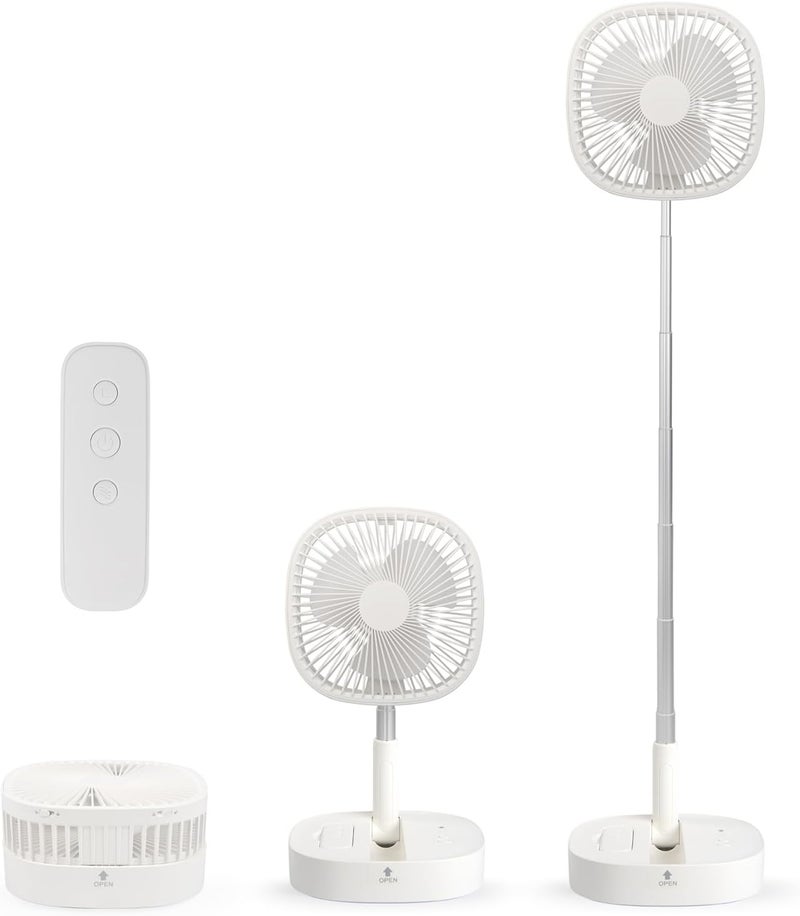 Magesh Portable Pedestal Fan - Foldaway Standing Fan Foldable Desk Fan, Use 7200Mah Rechargeable Battery, Remote Control Telescopic 4 Speed Quiet Timer Fan for Home Kitchen Outdoor Camping (White) - Image 1