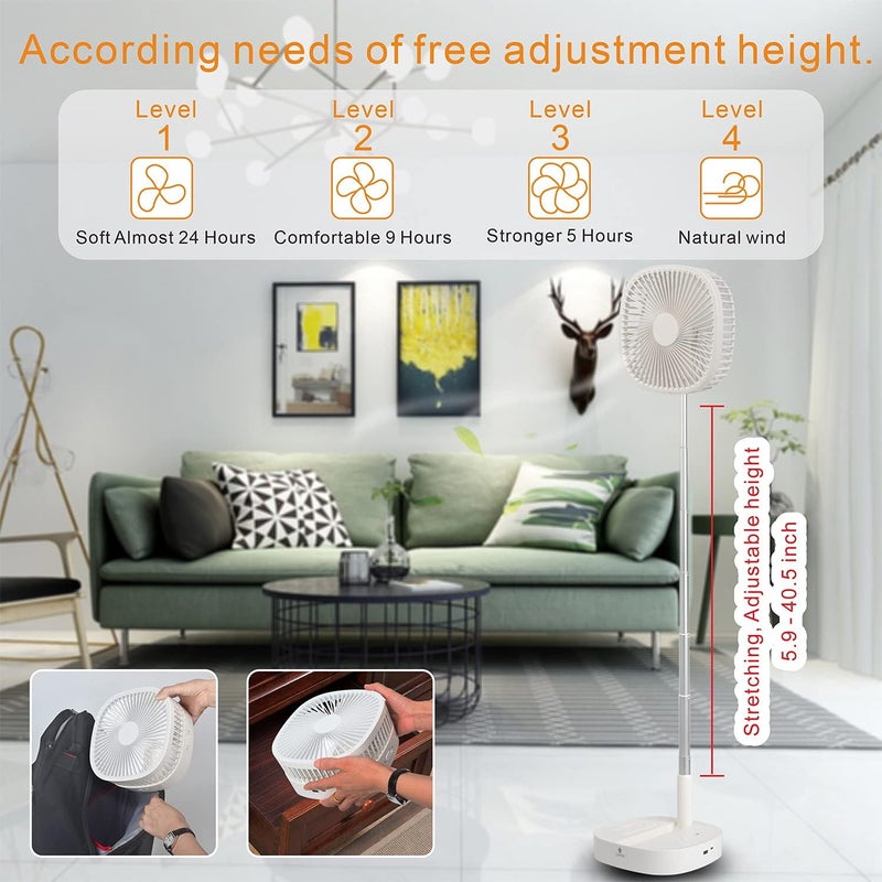 Magesh Portable Pedestal Fan - Foldaway Standing Fan Foldable Desk Fan, Use 7200Mah Rechargeable Battery, Remote Control Telescopic 4 Speed Quiet Timer Fan for Home Kitchen Outdoor Camping (White) - Image 4