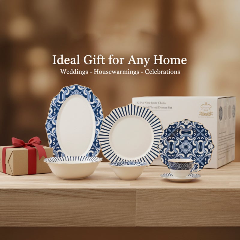 Shallow طقم عشاء شالو من كوزين آرت HEXTER 32 قطعة من البورسلين الجديد لـ 6 أشخاص - أدوات مائدة بنمط أبيض وأزرق، أواني أنيقة للاستخدام اليومي، الاستضافة، رمضان، عيد والمناسبات الاحتفالية، أطباق، سلطانيات، أكواب شاي - Image 3