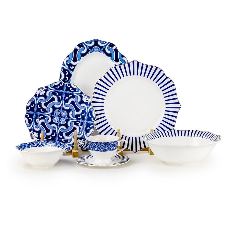 Shallow طقم عشاء شالو من كوزين آرت HEXTER 32 قطعة من البورسلين الجديد لـ 6 أشخاص - أدوات مائدة بنمط أبيض وأزرق، أواني أنيقة للاستخدام اليومي، الاستضافة، رمضان، عيد والمناسبات الاحتفالية، أطباق، سلطانيات، أكواب شاي - Image 1